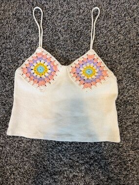 Zara Cream Ribbed Tank with Pastel Crochet Squares